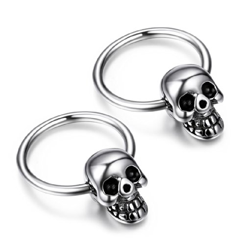 JewelryWe Totenkopf Ohrringe Herren Creolen: Edelstahl Gotik Schädel Skull Creolen Huggie Hoop Ohrringe Männer Ohrstecker Ohrschmuck Silber ein Paar von JewelryWe