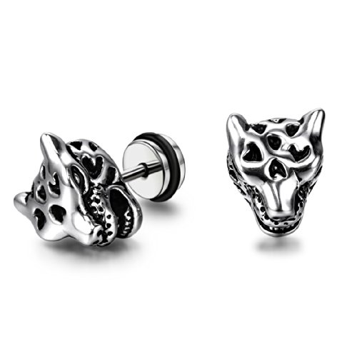 JewelryWe Schmuck Edelstahl Herren Ohrstecker, Gepard Leopard Kopf, Ohrringe Ohrschmuck 9mm Breite Silber ein Paar von JewelryWe