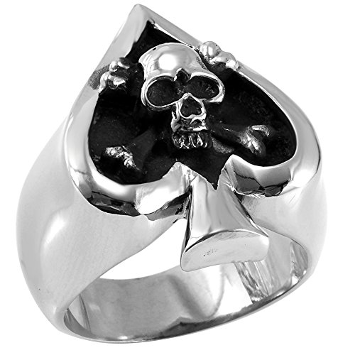 JewelryWe Schmuck Edelstahl Herren-Ring, Totenkopf Schädel in Poker Herz, Freundschaftsringe Edelstahlringe Punk Rock Stil Größe 62 von JewelryWe