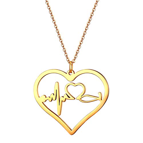 JewelryWe Schmuck Edelstahl Herzschlag Pulse Rhythmus EKG Herzfrequenz Hohl Herz Anhänger mit 45cm Kette, Krankenschwester Arzt Medizinische Stethoskop Charme Halskette für Damen Frau, Gold von JewelryWe