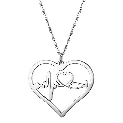 JewelryWe Schmuck Edelstahl Herzschlag Pulse Rhythmus EKG Herzfrequenz Hohl Herz Anhänger mit 45cm Kette, Krankenschwester Arzt Medizinische Stethoskop Charme Halskette für Damen Frau, Silber von JewelryWe