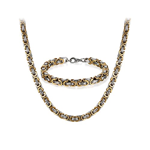 JewelryWe Schmuck Edelstahl Ketten Set von Halsketten und Armketten für Herren Gold Silber Armbändern 8mm breit und 21,5 cm für Armband, 22 Zoll für Halskette von JewelryWe