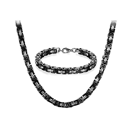 JewelryWe Schmuck Edelstahl Ketten Set von Halsketten und Armketten für Herren schwarz Silber Armbändern 8mm breit und 21,5 cm für Armband, 22 Zoll für Halskette von JewelryWe