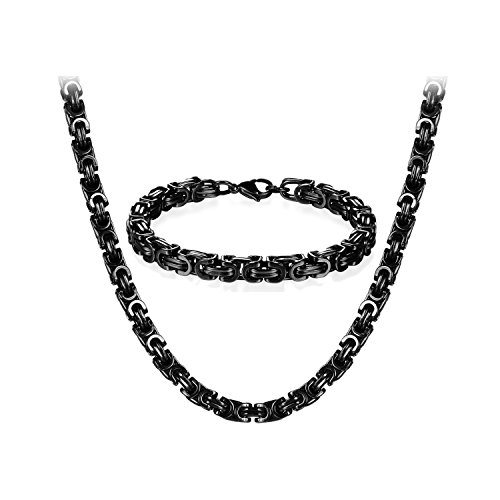 JewelryWe Schmuck Edelstahl Ketten Set von Halsketten und Armketten für Herren schwarzen Armbändern 8mm breit und 21,5 cm für Armband, 24 Zoll für Halskette von JewelryWe