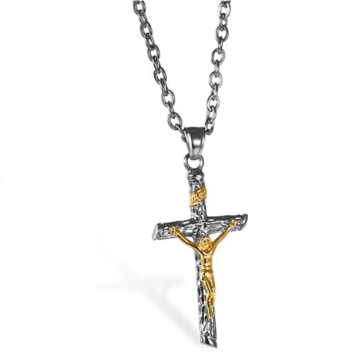 JewelryWe Schmuck Edelstahl Klassisch Jesus Christus Kruzifix Kreuz Anhänger mit 55cm Kette, Halskette für Herren und Damen, Gold Silber von JewelryWe