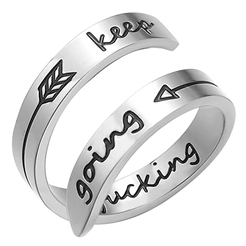 JewelryWe Schmuck Edelstahl Offene Damen-Ring mit keep fucking going Gravur, Partnerringe Freundschaftsringe, Silber Verstellbar Ring von JewelryWe
