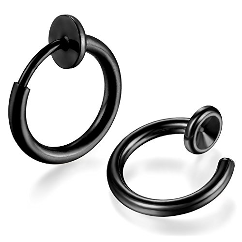 JewelryWe Schmuck Edelstahl Ohrclips Piercing Clip auf Fake Hoops Nasenpiercing Lippenpiercing Ohrringe Ohrstecker Ohr Haken für Damen Herren 8mm Schwarz von JewelryWe
