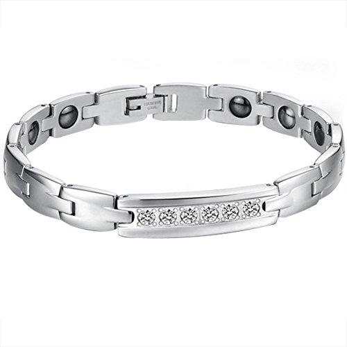 JewelryWe Magnetarmband Herren Magnetische Armband: Edelstahl Magnet Armbänder mit Zirkonia Schwarz Magnetsteine Handgelenk Armkette Gliederarmband Partnerarmband Armreif Geschenk für Männer Silber von JewelryWe