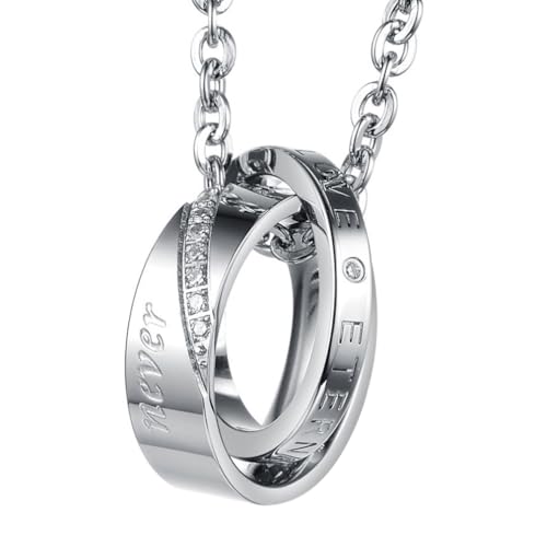 JewelryWe Halskette Damen Edelstahl Ringe: 2 Ringe Verriegelung Anhänger mit Gravur Eternal Love Partneranhänger mit 45cm Kette Partnerketten Geschenk für Frauen Silber von JewelryWe