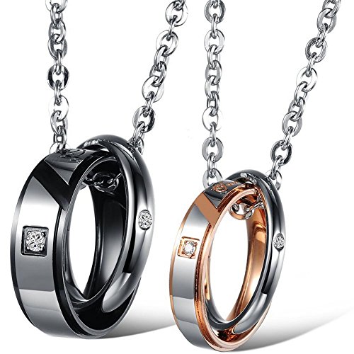 JewelryWe Paar Kette Edelstahl Partnerkette: 2 Freundschaftsketten Strass Diamant Ringe Verriegelung Partner Anhänger mit Gravur True Love Pärchen Halskette für Damen Herren Gold Schwarz Silber von JewelryWe