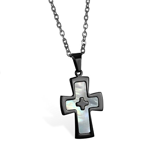 JewelryWe Schmuck Edelstahl Poliert Kruzifix Kreuz Anhänger mit synthetisch Muschel Schale Inlay mit 55cm Kette, Halskette für Herren und Damen, Schwarz, mit kostenlos Gravur von JewelryWe