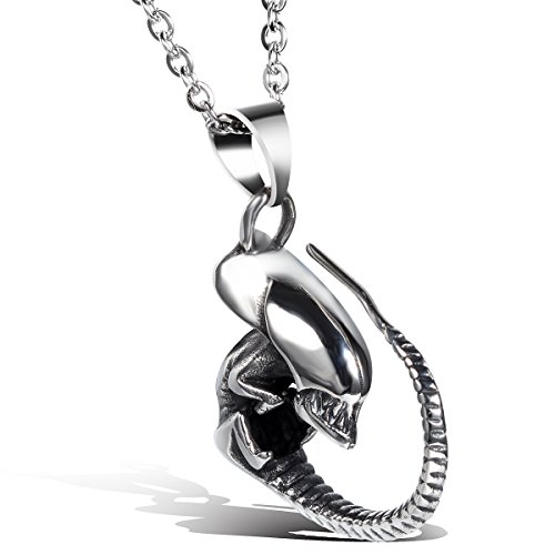 JewelryWe Schmuck Edelstahl Punk Stil Alien Drache Männer Anhänger mit Halskette, Biker Herren Kette, Schwarz Silber, mit Geschenk Tüte von JewelryWe