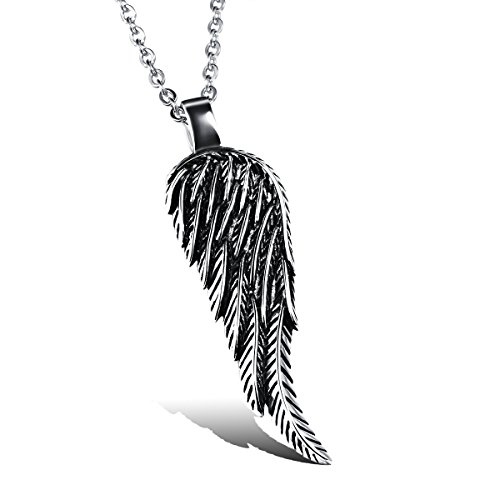 JewelryWe Schmuck Edelstahl Retro Engel Flügel Engelsflügel Feder Anhänger mit 55cm Kette, Halskette für Herren Damen, Schwarz Silber von JewelryWe
