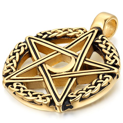 JewelryWe Schmuck Edelstahl Retro Keltischer Pentagramm Amulett Herren-Anhänger mit 55cm Kette, Halskette, Gold Schwarz von JewelryWe