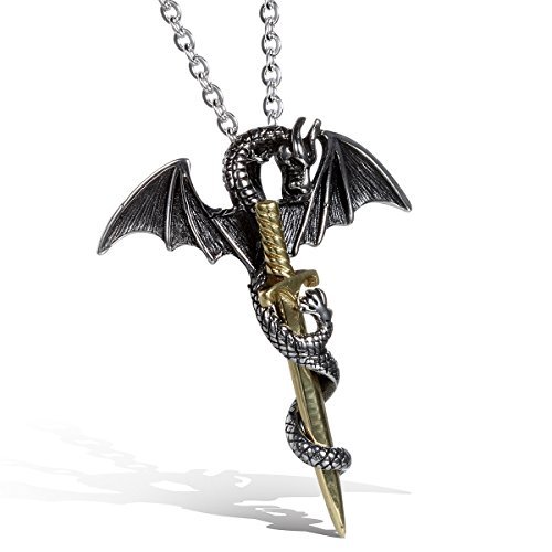 JewelryWe Schmuck Edelstahl Retro Punk Stil Drache eingewickelt um EIN Schwert Männer Anhänger mit Halskette, Biker Herren Kette, Gold Silber, mit Geschenk Tüte von JewelryWe