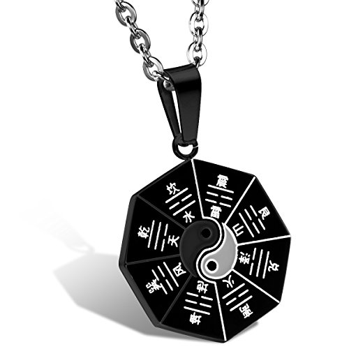 JewelryWe Schmuck Edelstahl Schwarz Bagua Acht Trigramme Anhänger mit 55cm Kette, Halskette für Damen und Herren, Schwarz Silber, mit Geschenk Tüte von JewelryWe