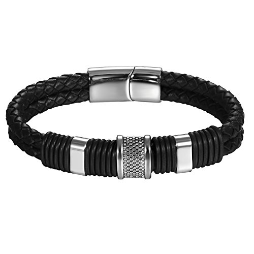 JewelryWe Schmuck Edelstahl Schwarz Leder Herren Armband 22CM von JewelryWe