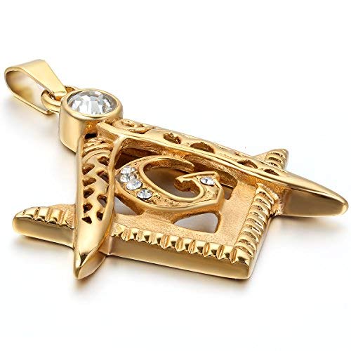 JewelryWe Schmuck Edelstahl Strass Freimaurer Anhänger mit 55cm Kette, Halskette für Herren Damen, Gold von JewelryWe
