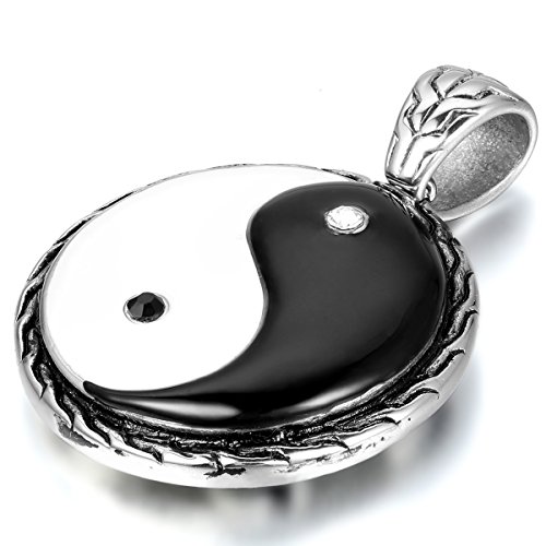 JewelryWe Schmuck Edelstahl Tai Chi Yin Yang Ba Gua acht Trigramme Anhänger mit 55cm Kette, Halskette für Herren Damen, Weiß Schwarz Silber von JewelryWe