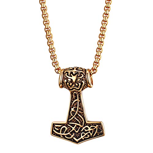 JewelryWe Schmuck Edelstahl Thor Hammer Thorshammer Anhänger Halskette Retro Kettenanhänger mit 56cm Kette für Herren, Gold von JewelryWe