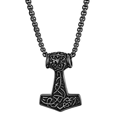 JewelryWe Schmuck Edelstahl Thor Hammer Thorshammer Anhänger Halskette Retro Kettenanhänger mit 56cm Kette für Herren, Schwarz von JewelryWe