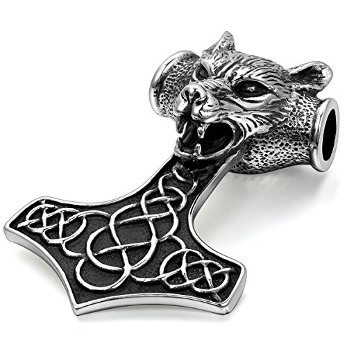 JewelryWe Thors Hammer Halskette Herren: Edelstahl Wolf Wolfskopf Thor Hammer Dreiecksknoten Trinity Keltisch Knoten Anhänger mit 55cm Kette Biker Halskette für Männer Schwarz Silber von JewelryWe