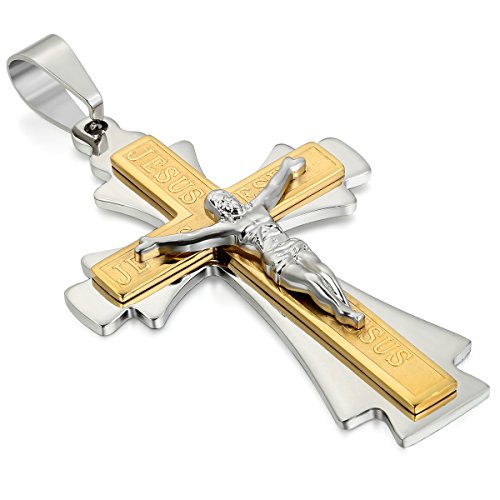 JewelryWe Schmuck Edelstahl große Jesus Kruzifix Kreuz Anhänger mit 55cm Kette, Halskette für Herren Damen, Gold Silber von JewelryWe