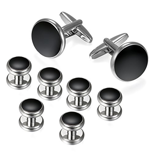 JewelryWe Schmuck Elegante massive Herren Manschettenknöpfe Schwarz Silber rund, 1 Paar und 6 Stück Frackknöpfe von JewelryWe