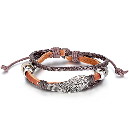 JewelryWe Lederarmband Herren Damen Engelsflügel: Engel Flügel Beads Ringe Legierung Leder Geflochten Armband Armreif, 19,5cm-25,5cm Verstellbare Größe, Braun Silber von JewelryWe