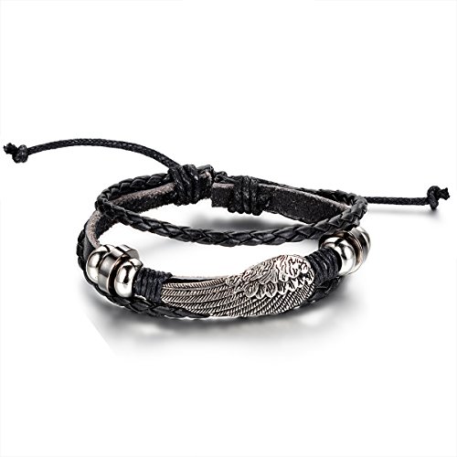 JewelryWe Schmuck Engel Flügel Beads Ringe Legierung Leder Armband, Geflochten Herren Damen Lederarmband Armreif, 19,5cm-25,5cm Verstellbare Größe, Schwarz Silber, mit Geschenk Tüte von JewelryWe