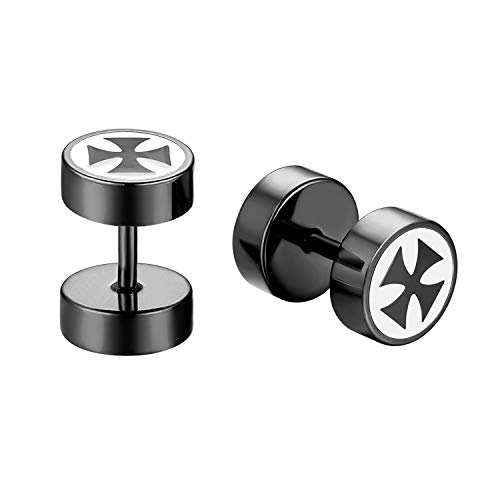 JewelryWe Schmuck Fake Plug Ohrstecker Edelstahl Eisernes Kreuz EK Fakeplug Tunnel Ohrringe Ohr-Piercing für Herren Damen Schwarz von JewelryWe