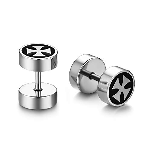 JewelryWe Schmuck Fake Plug Ohrstecker Edelstahl Eisernes Kreuz EK Fakeplug Tunnel Ohrringe Ohr-Piercing für Herren Damen Silber von JewelryWe