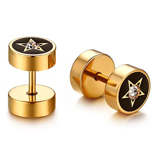 JewelryWe Schmuck Fake Plug Ohrstecker Edelstahl Strass Stern Pentagramm Fakeplug Tunnel Ohrringe Ohr-Piercing für Herren Damen Gold von JewelryWe