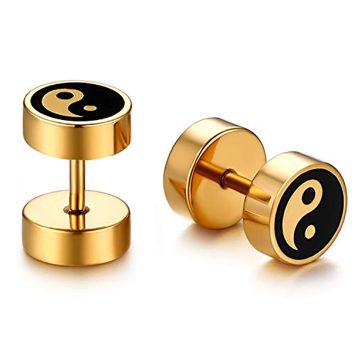 JewelryWe Schmuck Fake Plug Ohrstecker Edelstahl Tai Chi Yin Yang Fakeplug Tunnel Ohrringe Ohr-Piercing für Herren Damen Gold von JewelryWe