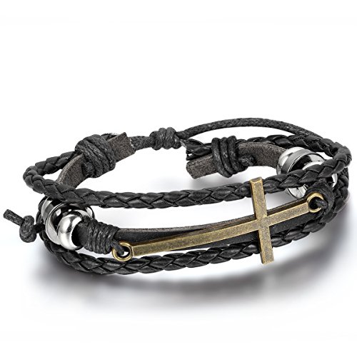 JewelryWe Schmuck Fashion Kreuz Beads Ringe Legierung Leder Armband, Geflochten Herren Damen Lederarmband Armreif, 19,5cm-25,5cm Verstellbare Größe, Schwarz Silber Bronze, mit Geschenk Tüte von JewelryWe