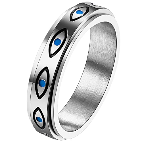 JewelryWe Schmuck Fidget Angst Ring Damen Herren 5mm Augen von Gott Edelstahl Drehbarer Anti Stress Band Bandring mit Gravur, Silber Größe 59 von JewelryWe