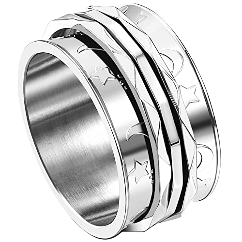 JewelryWe Schmuck Fidget Angst Ring Damen Retro Mond Sterne Edelstahl Drehbarer Anti Stress Band Bandring mit Gravur, Silber Größe 54 von JewelryWe