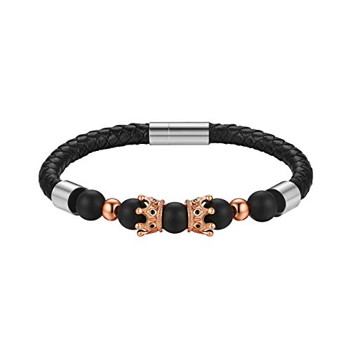 JewelryWe Schmuck Freundschaftsarmband Partnerarmband, King & Queen Krone Achat Kugel Perlen geflochten Armband Armreif für Damen, Echtleder Leder Edelstahl, Rosegold Silber Schwarz von JewelryWe