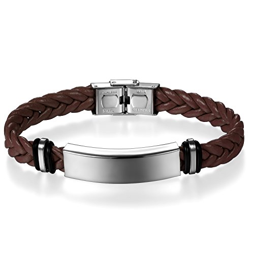 JewelryWe Lederarmband Herren Damen Edelstahl: Einfach Geflochten Leder Armband Armreif mit Glänzend Poliert Edelstahl Platte Braun Silber von JewelryWe