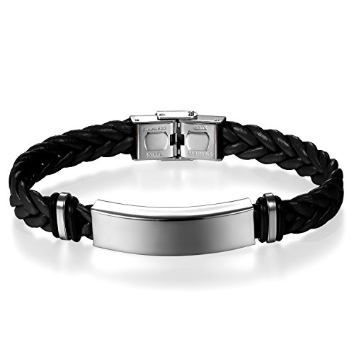 JewelryWe Schmuck Geflochten Leder Armband Armreif mit Edelstahl-Schild Lederarmband Schwarz für Herren Damen von JewelryWe