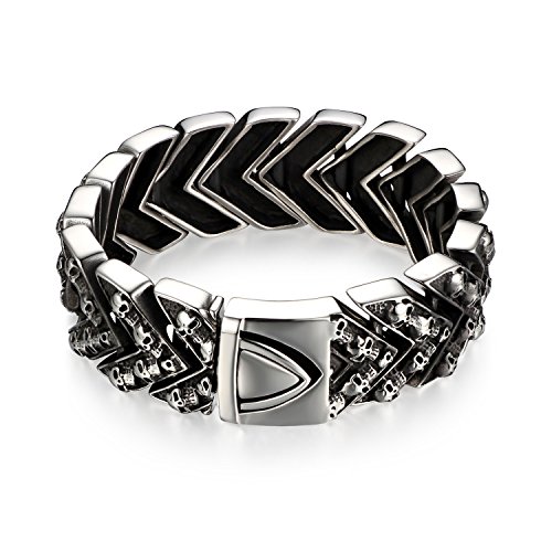JewelryWe Schmuck Herren Armband mit Totenkopf Schädel, Edelstahl Groß Schwer Gliederkette Gotik Biker Armkette Schwarz Silber von JewelryWe