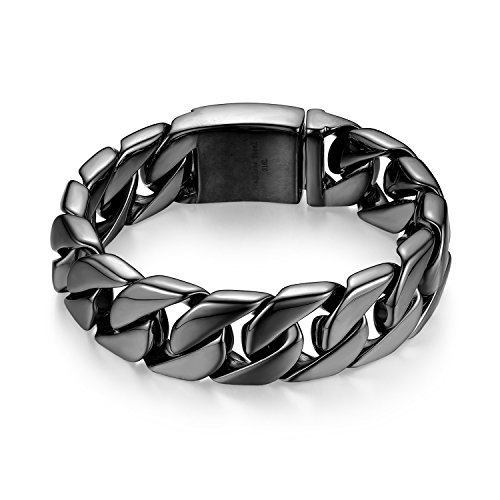 JewelryWe Personalisierte Schmuck Große Schwere Panzerkette Herren Armband, Edelstahl, Biker, Hochglanz Poliert, Schwarz, kostenlose Gravur von JewelryWe