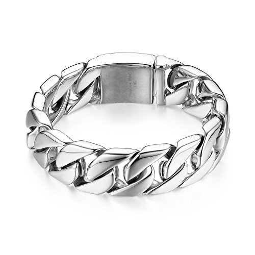 JewelryWe Schmuck Große Schwere Panzerkette Herren Armband, Edelstahl, Biker, Hochglanz Poliert, Silber, kostenlose Gravur von JewelryWe