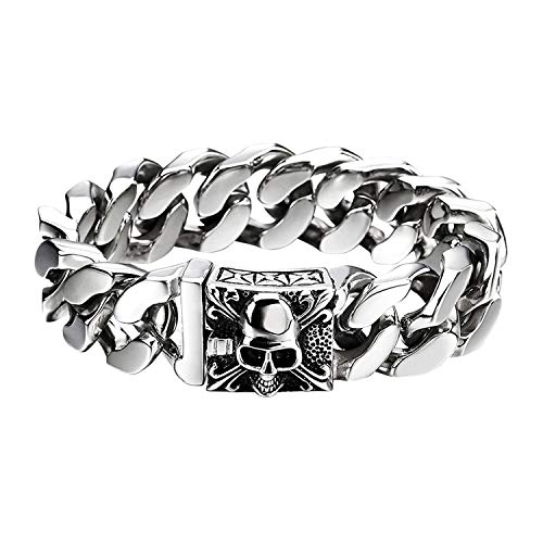JewelryWe Schmuck Großes Edelstahl Panzerkette Armband Herren mit Fleur de Lis und Schädel, Biker Gotik, Poliert, Silber von JewelryWe