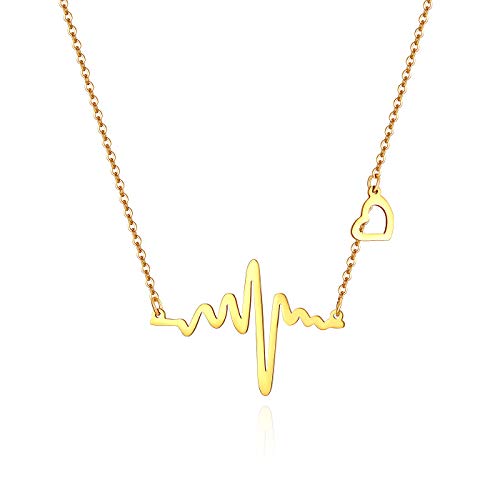 JewelryWe Schmuck Halskette Damen Edelstahl Herzschlag EKG Herz Charme Anhänger mit 18 Zoll Kette Muttertag Valentinstag Lieben Geschenk für Frau Mädchen, Gold von JewelryWe