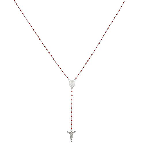 JewelryWe Schmuck Halskette Damen Jesus Kreuz Kruzifix Edelstahl Anhänger mit Lange Rosenkranz Perlen Kette für Frauen Männer Ostern Geschenk Silber Rot von JewelryWe