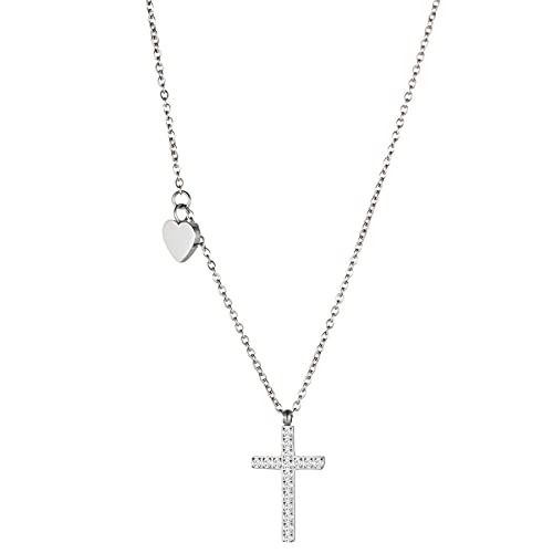 JewelryWe Schmuck Halskette Damen Kreuz Herz Anhänger Elegant Edelstahl Zirkonia Kette mit Gravur Muttertag Geschenk für Frau Silber von JewelryWe