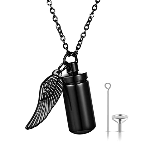 JewelryWe Schmuck Halskette Herren Damen Edelstahl Memorial Asche Urne Zylinder Gedenkflasche Engel Flügel Anhänger Kette Gravur, Schwarz von JewelryWe