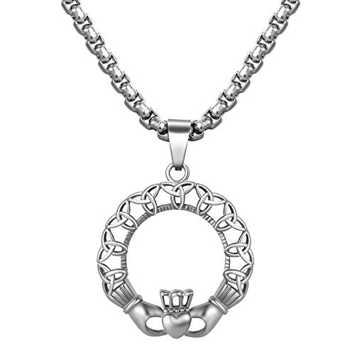 JewelryWe Schmuck Halskette Herren Edelstahl Retro Irischen Keltisch Knoten Irish Celtic Knot Claddagh Herz Krone Anhänger mit 22 Zoll Kette Silber von JewelryWe