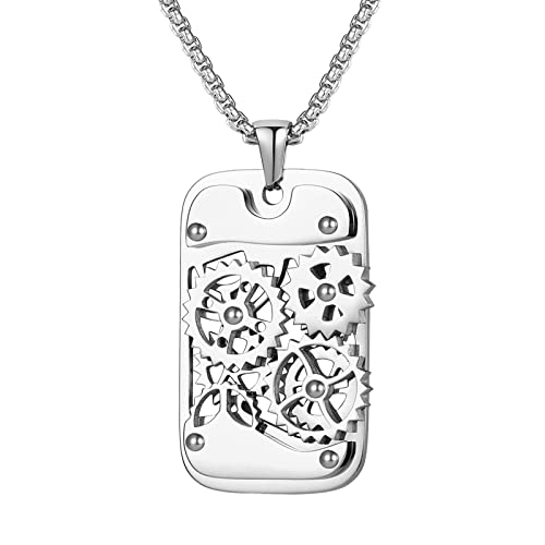 JewelryWe Schmuck Halskette Herren Retro Steampunk drehbare Zahnrad Dog Tag Erkennungsmarke Anhänger mit 60cm Kette Gravur Geschenk Silber von JewelryWe